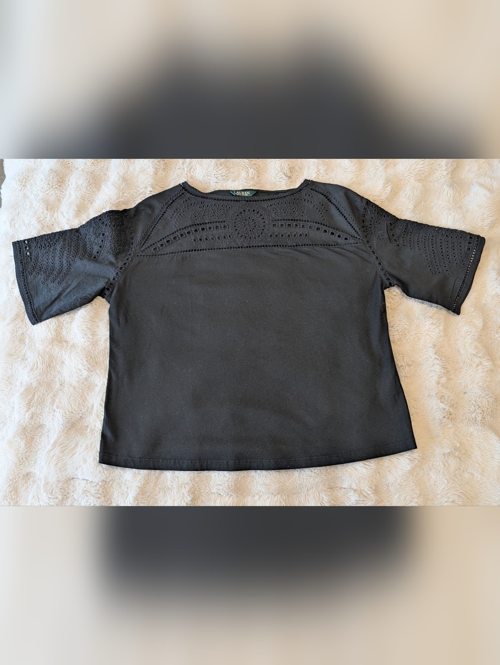 Ralph Lauren Black Short-Sleeve Eyelet Yoke Tee - Picture 2 of 6